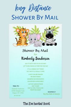 a baby shower by mail with an elephant, tiger and giraffe on it