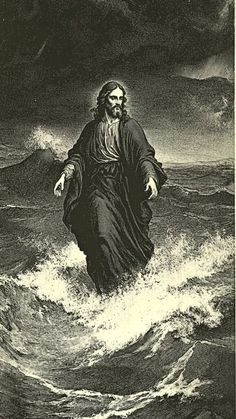 an image of jesus walking in the water