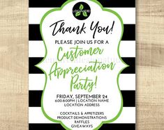 a black and white striped thank card for a customer appreciation party, with green accents