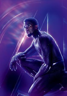 the black panther is sitting in front of a purple and blue background with his hands on his knees