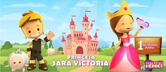 the princess and prince are standing next to each other in front of a sign that says princess sara victoria