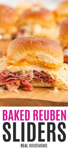 baked reuben sliders on a cutting board with text overlay