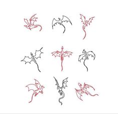 a set of nine different types of dragon tattoos on a white background with red and black ink