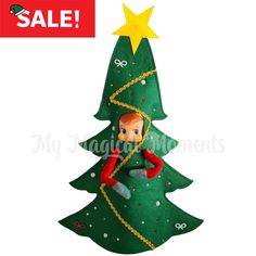 a green christmas tree with a girl on it's head and the words sale above it