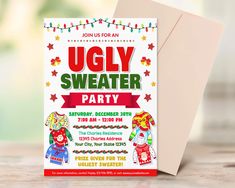 an ugly sweater party flyer is displayed on a wooden table with string lights and festive decorations