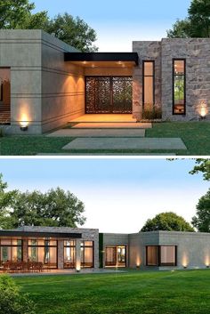 two views of a modern house in the evening