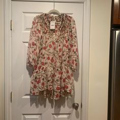 Free People Beautiful Sheer Dress Shirt New. Wear With Leggings Red Short Sleeve Tunic For Spring, White Printed Long Sleeve Tunic, Red 3/4 Sleeve Dress For Vacation, Casual White Mini Dress With 3/4 Sleeves, Crochet Bodycon Dresses, Punk Shirt, Picnic Dress, Free People Mini Dress, Printed Halter Dress