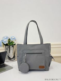 BagForLove - Letter Patch Shopper Bag Set with Coin Purse Gray Canvas Shoulder Bag With Pockets, Gray Shoulder Bag With Pockets, Gray Canvas Bag With Pockets For Everyday Use, Gray Satchel Shoulder Bag With Pockets, Gray Shoulder Bag With Pockets For School, Gray Bags With Pockets For Daily Use, Gray School Bags With Pockets, Aesthetic Backpack, Letter Decor