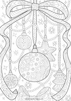 christmas ornament coloring page with ornaments and bows on the top, in black and white