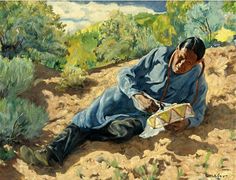 a painting of a man sitting on the ground reading a book and looking at his cell phone