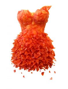 a dress made out of orange petals on a white background