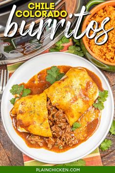 two burritos on a white plate with salsa and rice in the background text reads chile, colorado burritos