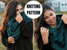 a woman wearing a green knitted scarf with the words knitting pattern over her shoulders