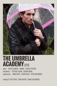 the umbrella academy poster shows a man holding an umbrella in front of his face and wearing a fur collar