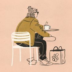 a drawing of a person sitting at a table with a coffee cup