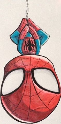 a drawing of a spider man hanging from a string