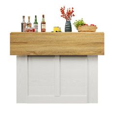 a wooden counter with bottles on top of it