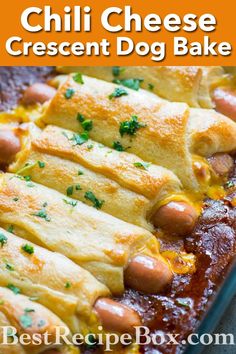 chili cheesy crescent dog bake in a baking pan with hot dogs on top