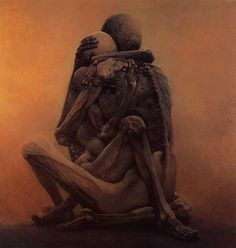 a painting of two people sitting on the ground with their arms wrapped around each other