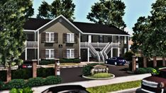 an artist's rendering of a two - story apartment building with parking lot and landscaping