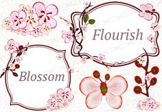 four frames with flowers and butterflies on them for the text florisish, blossom