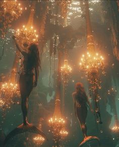 two mermaids standing in the middle of a forest with chandeliers hanging from them