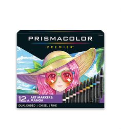 the prism color pencils are set up in front of a box with an image of a