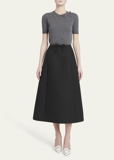 Find VALENTINO Bow Pintuck Wool Midi Skirt on Editorialist. Valentino Garavani pintuck skirt with bow detail High waist Aline silhouette Midi length Side slip pockets Back zip Virgin wool/silk Made in Italy Elegant Formal Skirt With Bow, Elegant Fitted Skirt With Bow, Elegant Fitted Skirt With Bow Detail, Flared Skirt With Bow Detail, Flared Skirt With Bow, Skirt With Bow, Wool Midi Skirt, Evening Flats, Cocktail Jacket