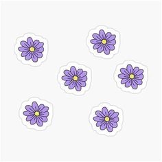 six purple flowers stickers on a white background with yellow center in the middle and bottom