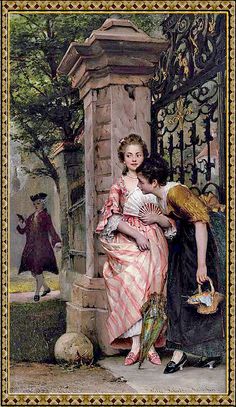 a painting of two women leaning against a gate