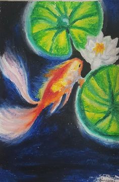 a painting of a goldfish and lily pads on a dark blue background with green leaves