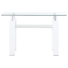 a glass table with two metal legs and a white base on the top, against a white background