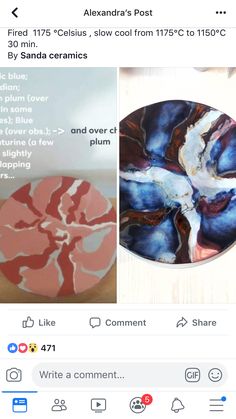 an image of a plate with blue and red swirls on it, next to a photo of the same item