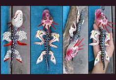 three pictures of different types of sea creatures on a blue towel, one with red and white beads