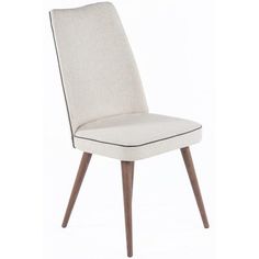 an upholstered chair with wooden legs and a white fabric seat pad on the back