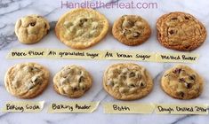 an assortment of chocolate chip cookies on a sheet of parchment paper with labels in front of them