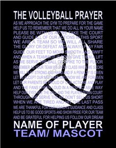 a volleyball ball with the words name of player and team mascot in purple on black