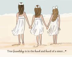 three girls in white dresses holding hands and walking on the beach with their backs to each other