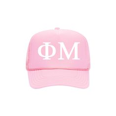 "Phi Mu Trucker Hat Printed with your FM letters across the front. Your choice of hat color and your choice of print color. Please select from the drop down menu. Perfect for Holiday Gifts, Big Little Reveal, Big Sis Gifts, Sorority Gifts, Pledge Gift, Retreat Tanks, Reveal Gift 100% Polyester Front 100% Nylon Mesh Back The Traditional Look *5-panel cap *Seamless Foam Front Panel with Lining *8 Rows Stitching on Visor *Matching Fabric Undervisor *Matching Color Sweatband *Matching Color Braid *P Mu Hat, Pink Trucker Hat, Greek Week, Sorority Letters, Big Little Reveal, Phi Mu, Swag Bag, Hat Print, Sorority Gifts