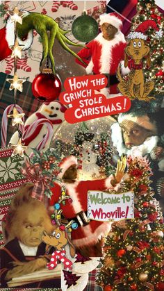 the grinch stole christmas collage has been altered to look like it is coming out of