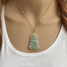 Description: 14k Solid Gold Tara Bodhisattva Lady Buddha Jade Pendant (Chain Is Not Included) Item No.: P10.97 Metal Type: 14k Solid Gold Metal Color: Yellow Gold. Stones: Natural Jade Measurement: Pendant: 55 X 30 Mm. Jade: 45 X 30 X 3.5 Mm. Est. Total Weight: 10.97 Grams Price Is Firm Note: Chain Is Not Included. Available For Sale In Another Listing. 22k Gold Necklace Pendant, Gold Buddha Necklace, Lady Buddha, Angel Guides, Jade Necklace Pendant, Jade Pendant Necklace, Buddha Jewelry, Buddha Necklace, Buddha Pendant