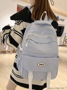 BagForLove - Letter Patch Decor Medium Classic Backpack - Professional and Stylish Light Blue Large Capacity Backpack, Large Capacity Light Blue Backpack, Light Blue Large Capacity Backpack For Daily Use, Casual Light Blue Bags For Students, Light Blue School Bag With Adjustable Strap, Light Blue Large Capacity Standard Backpack, Light Blue Large Capacity Bag For Students, Large Capacity Light Blue Bag For Students, Large Capacity Light Blue Student Bag