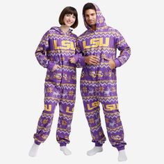 LSU Tigers Ugly Pattern One Piece Pajamas FOCO - FOCO.com College Football Outfits, Winter Fire, Womens Pjs, Matching Christmas Pajamas, Onesie Pajamas, Word Mark Logo, Matching Family Pajamas, Family Christmas Pajamas, Holiday Pajamas