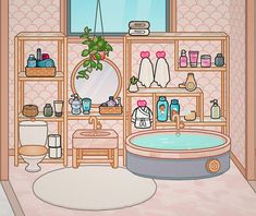 a bathroom scene with a bathtub and shelves full of personal care items on the wall