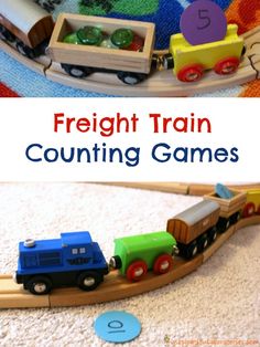 a toy train is shown with the words freight train counting games in front of it