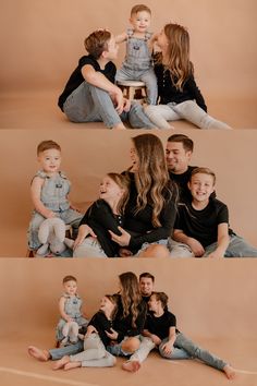 a group of people sitting on top of each other in front of a brown background