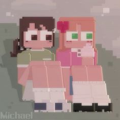 two people standing next to each other in front of a pixellated background with the words minecraft on it