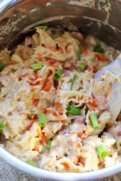 a bowl filled with macaroni and cheese covered in meat, green onions and carrots