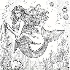 a beautiful mermaid with long hair swimming in the ocean surrounded by seaweed and shells