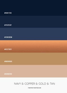 the color scheme for navy and copper is shown in three different colors, including blue, brown